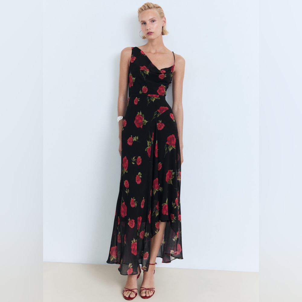 Mango Black Maxi Dress with Red Rose Print - Picture 2 of 10